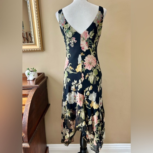 Ralph Lauren Vintage Y2K 90s Silk Slip Dress Black Dark Floral Asymmetrical 10 - Picture 5 of 11
